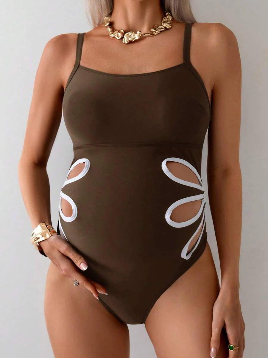 Maternity One-Piece Swimsuit - Petal Hollow Out Vacation Beach Swimwear