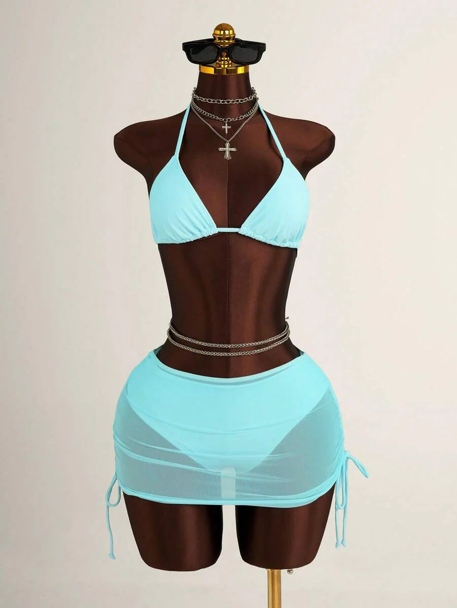 Women's 3-Piece Leopard Print Bikini Set - Halter Triangle Cup, Mesh Skirt, Tie Side, Multicolor