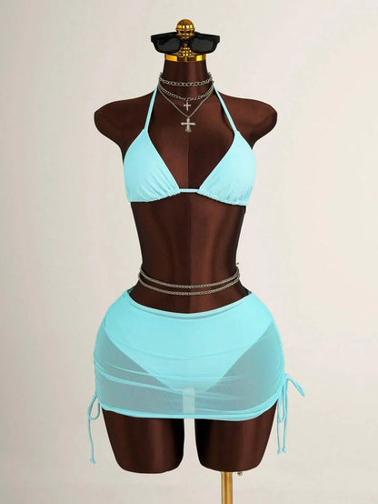 Women's 3-Piece Leopard Print Bikini Set - Halter Triangle Cup, Mesh Skirt, Tie Side, Multicolor