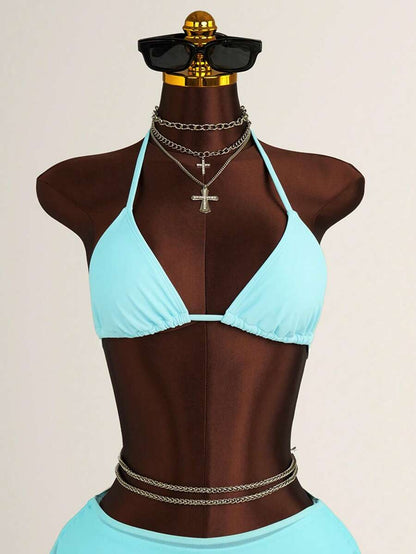 Women's 3-Piece Leopard Print Bikini Set - Halter Triangle Cup, Mesh Skirt, Tie Side, Multicolor