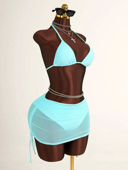 Women's 3-Piece Leopard Print Bikini Set - Halter Triangle Cup, Mesh Skirt, Tie Side, Multicolor
