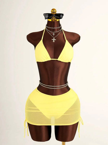 Women's 3-Piece Leopard Print Bikini Set - Halter Triangle Cup, Mesh Skirt, Tie Side, Multicolor