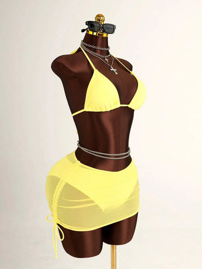 Women's 3-Piece Leopard Print Bikini Set - Halter Triangle Cup, Mesh Skirt, Tie Side, Multicolor