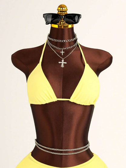 Women's 3-Piece Leopard Print Bikini Set - Halter Triangle Cup, Mesh Skirt, Tie Side, Multicolor