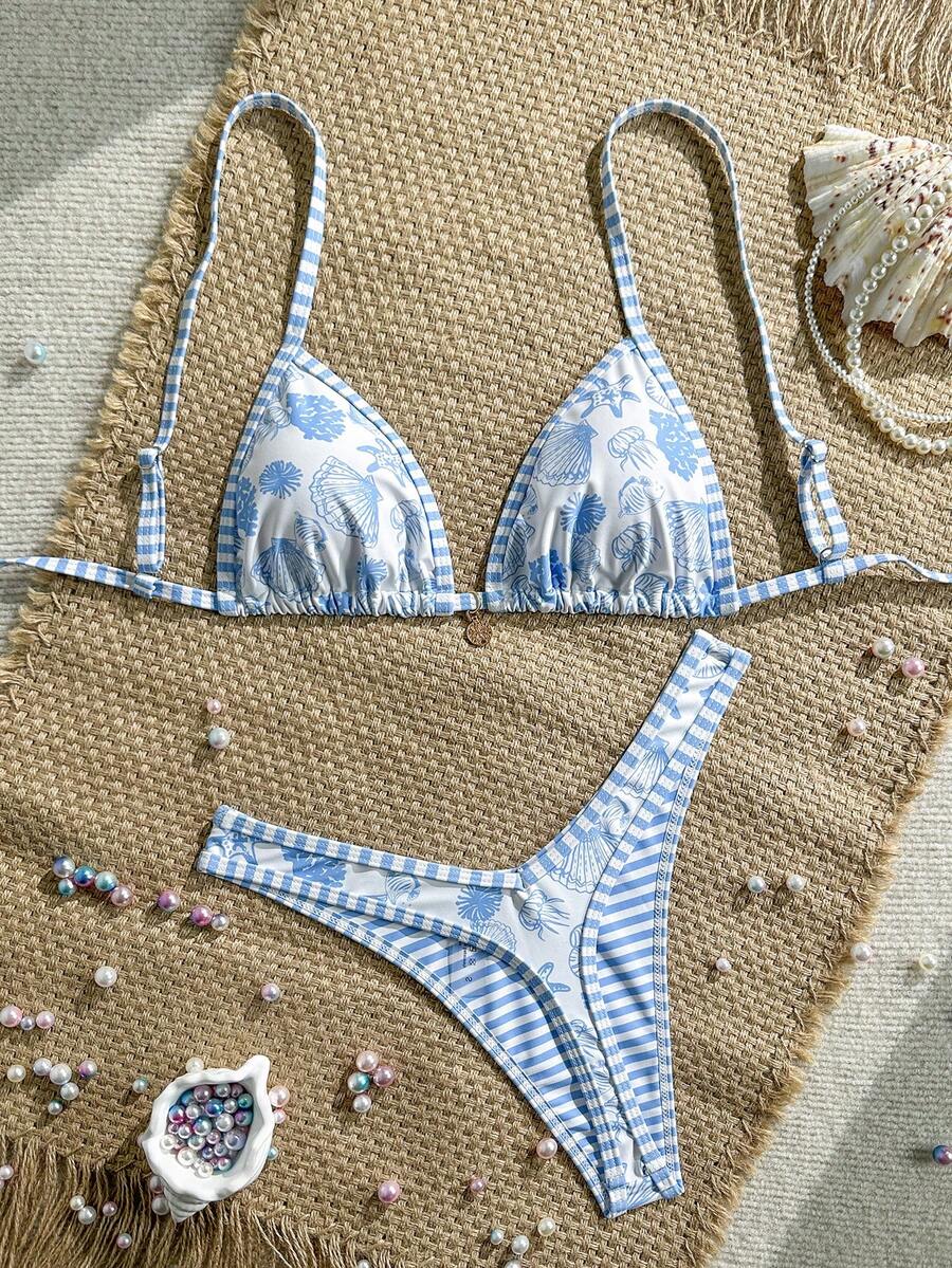 Women's 2-Piece Boho Halter Bikini Set - Gold Accessory, High-Cut, Floral Print, Multicolor