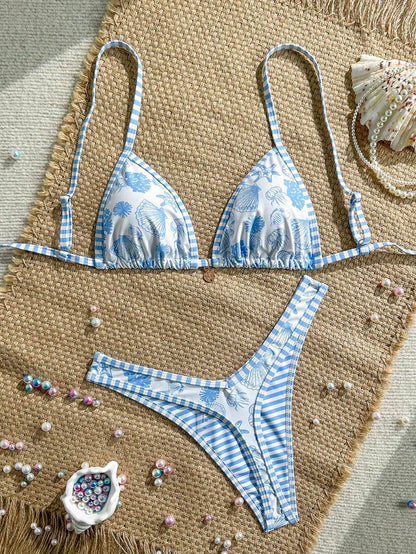 Women's 2-Piece Boho Halter Bikini Set - Gold Accessory, High-Cut, Floral Print, Multicolor