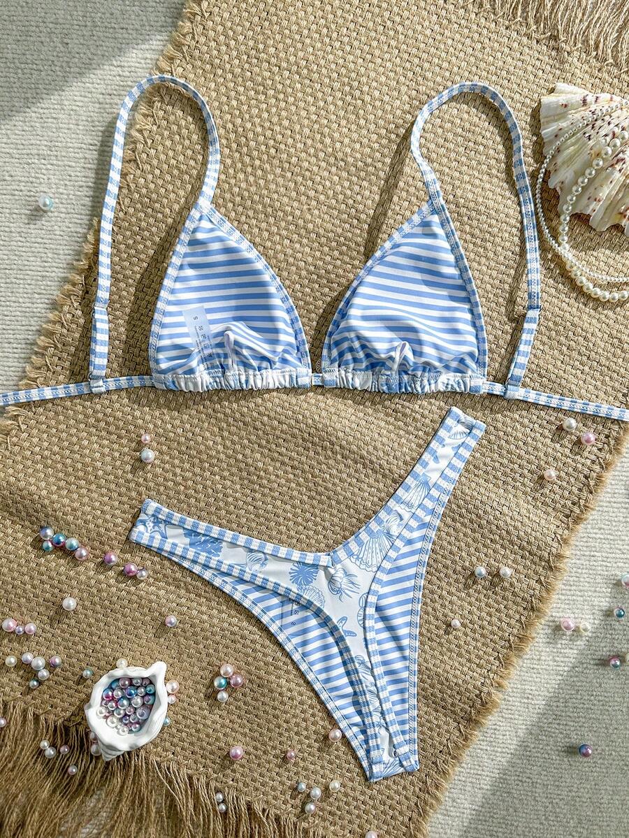 Women's 2-Piece Boho Halter Bikini Set - Gold Accessory, High-Cut, Floral Print, Multicolor