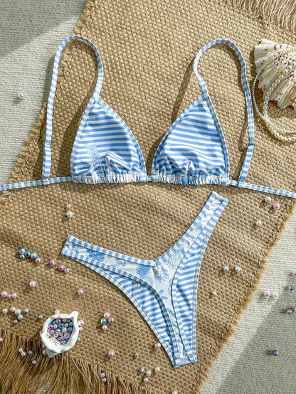Women's 2-Piece Boho Halter Bikini Set - Gold Accessory, High-Cut, Floral Print, Multicolor
