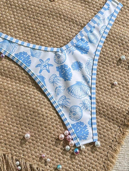 Women's 2-Piece Boho Halter Bikini Set - Gold Accessory, High-Cut, Floral Print, Multicolor