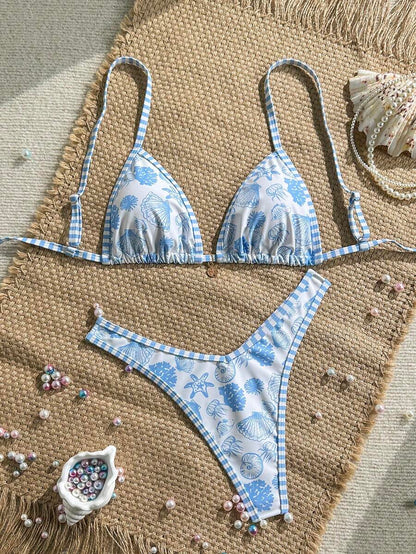 Women's 2-Piece Boho Halter Bikini Set - Gold Accessory, High-Cut, Floral Print, Multicolor