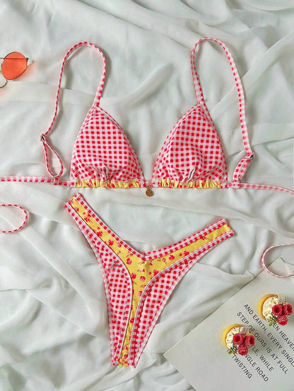 Women's 2-Piece Boho Halter Bikini Set - Gold Accessory, High-Cut, Floral Print, Multicolor