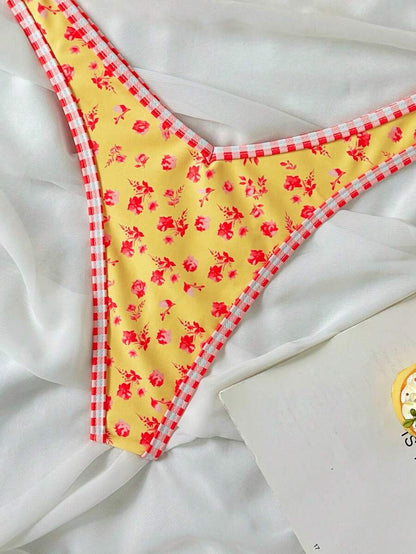 Women's 2-Piece Boho Halter Bikini Set - Gold Accessory, High-Cut, Floral Print, Multicolor
