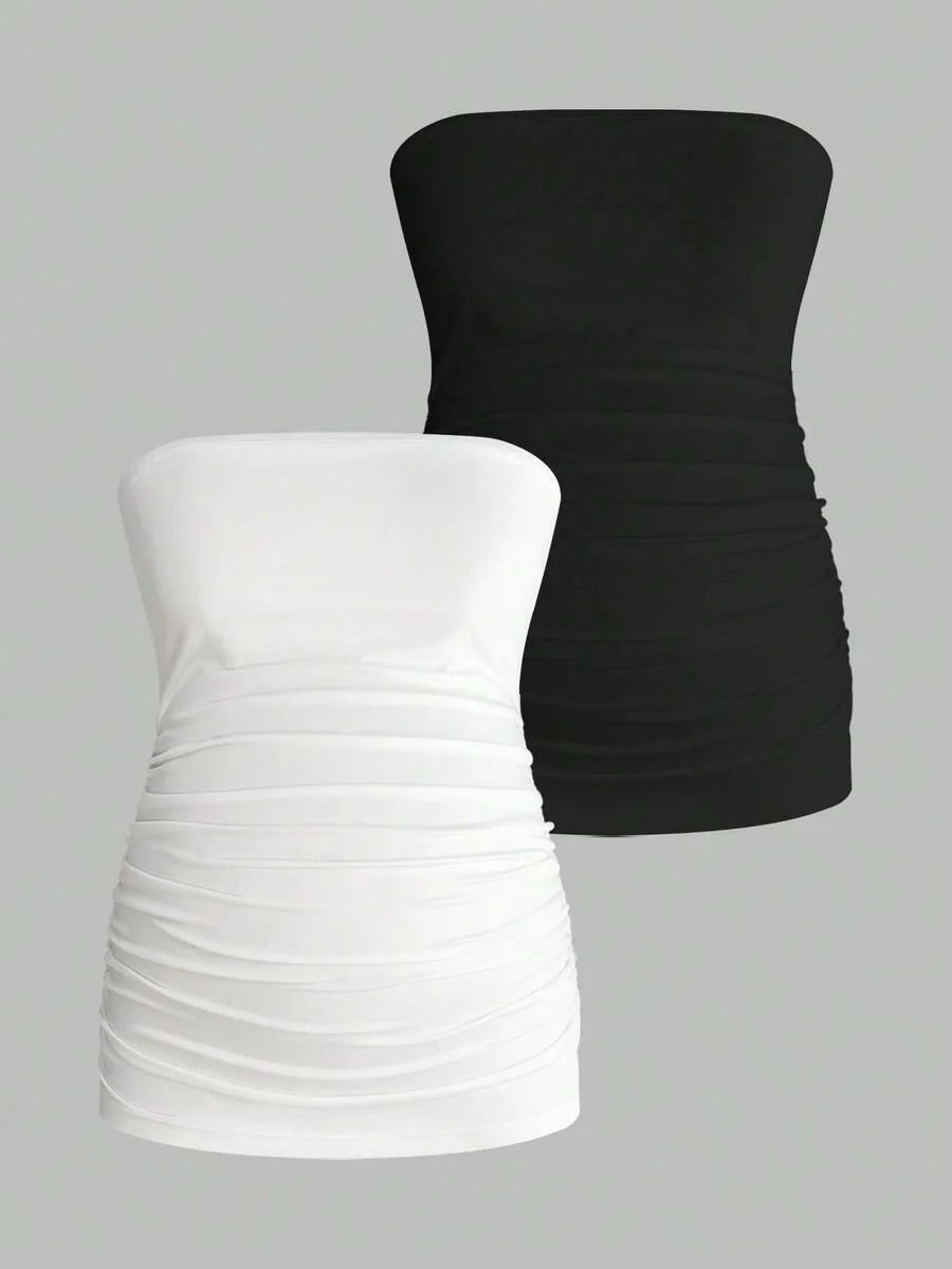 Maternity Strapless Tube Top - Black & White Pleated Casual Daily Wear