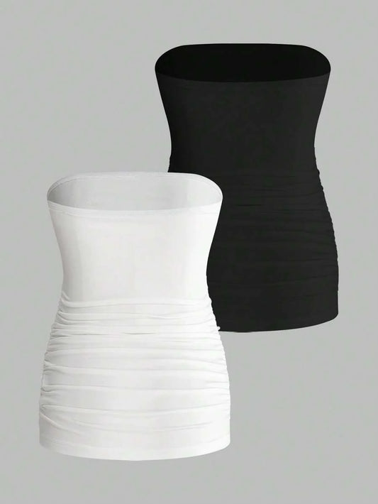 Maternity Strapless Tube Top Set - Ruched, Slim Fit, Beach Casual, Black, 2-Piece