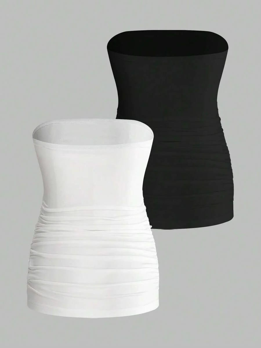 Maternity Strapless Tube Top - Black & White Pleated Casual Daily Wear