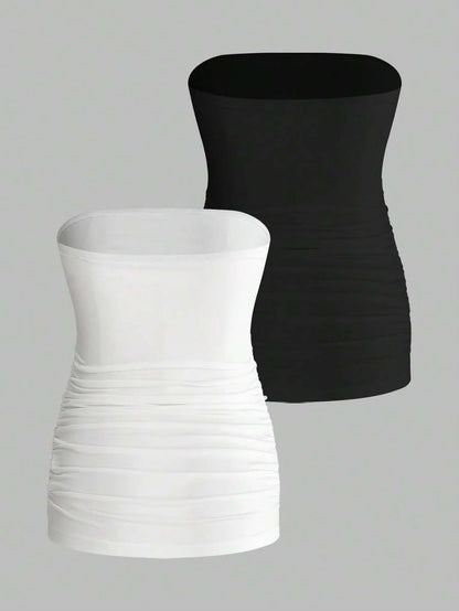 Maternity Strapless Tube Top - Black & White Pleated Casual Daily Wear