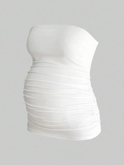 Maternity Strapless Tube Top - Black & White Pleated Casual Daily Wear