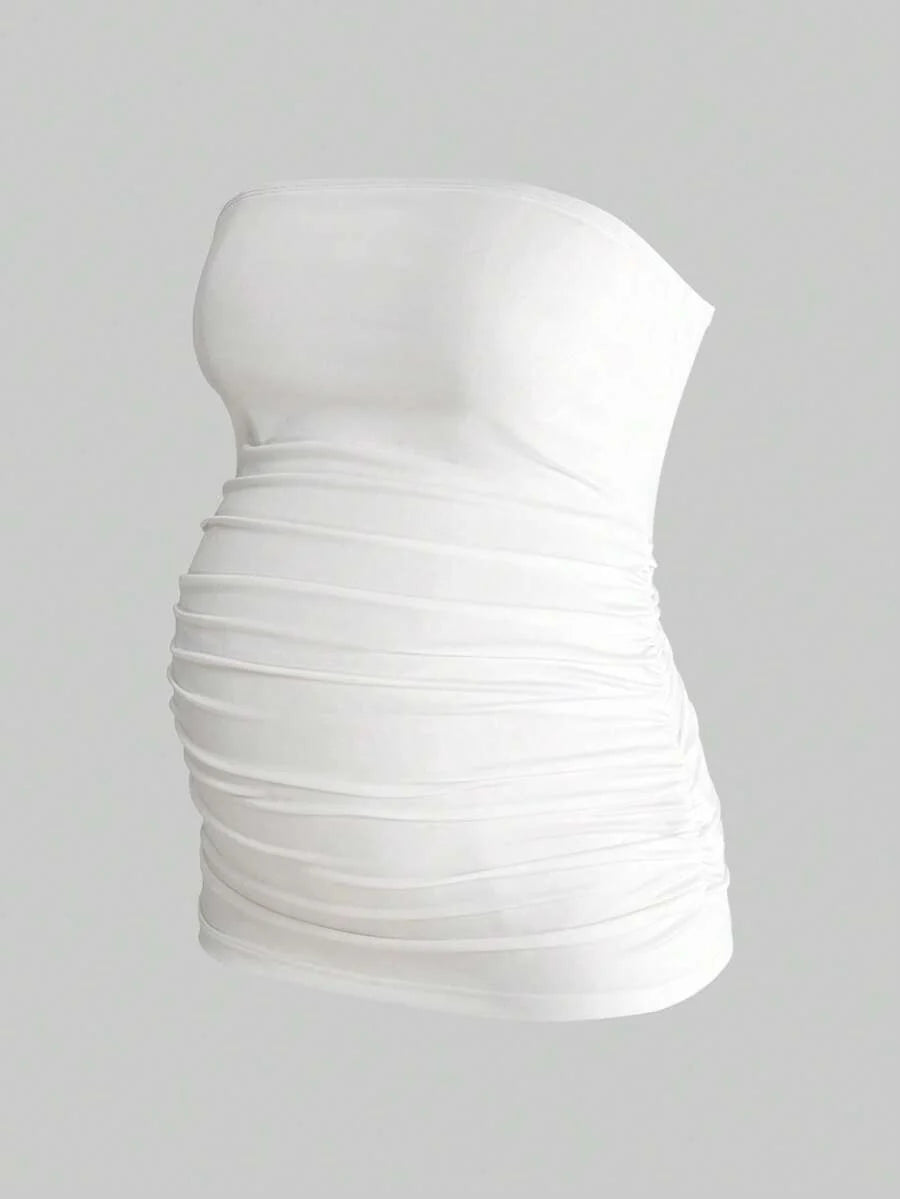 Maternity Strapless Tube Top Set - Ruched, Slim Fit, Beach Casual, Black, 2-Piece