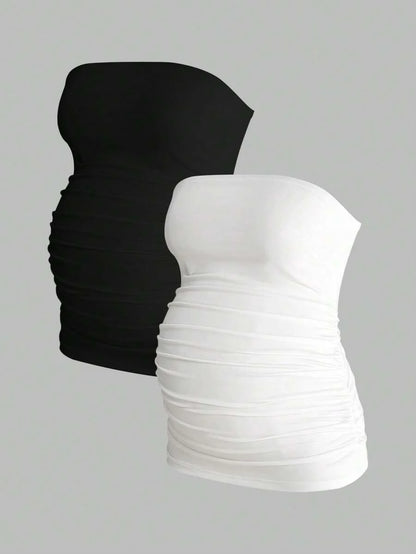 Maternity Strapless Tube Top - Black & White Pleated Casual Daily Wear