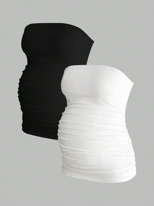 Maternity Strapless Tube Top - Black & White Pleated Casual Daily Wear