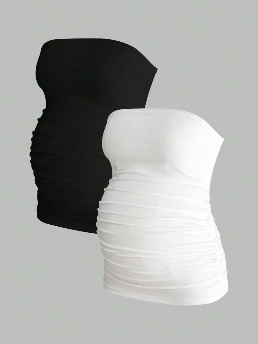 Maternity Strapless Tube Top Set - Ruched, Slim Fit, Beach Casual, Black, 2-Piece