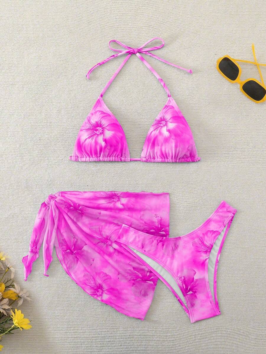 Women's 3-Piece Shell Print Bikini Set - V-Neck Halter, Triangle, Side Tie Skirt, Multicolor