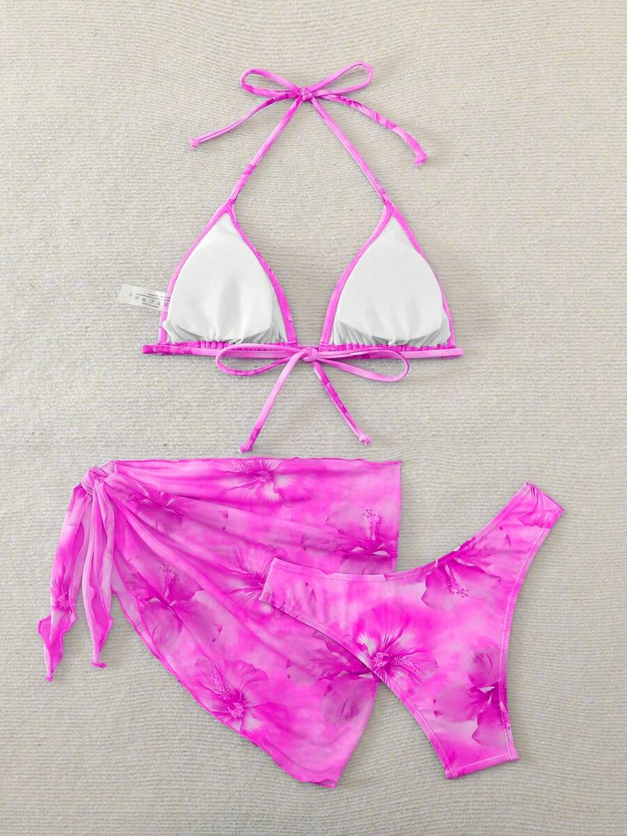 Women's 3-Piece Shell Print Bikini Set - V-Neck Halter, Triangle, Side Tie Skirt, Multicolor
