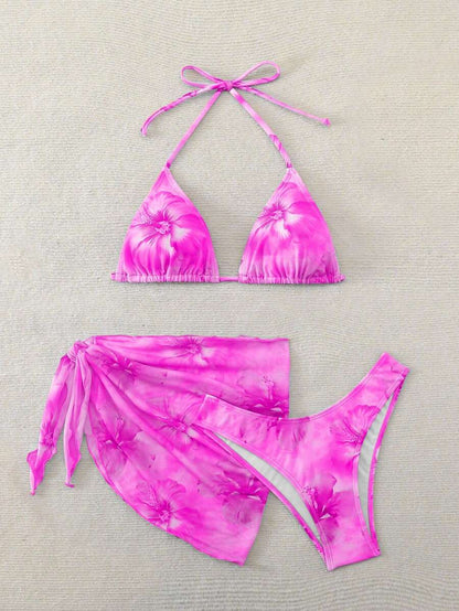 Women's 3-Piece Shell Print Bikini Set - V-Neck Halter, Triangle, Side Tie Skirt, Multicolor
