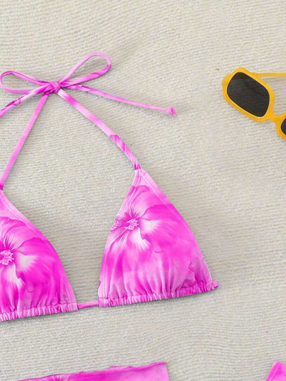 Women's 3-Piece Shell Print Bikini Set - V-Neck Halter, Triangle, Side Tie Skirt, Multicolor