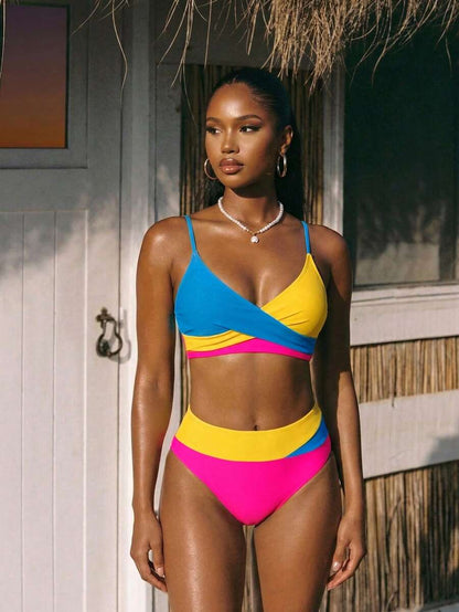 Women's 2-Piece Color-Block Bikini Set - Spaghetti Strap, Criss Cross, High Waist, Multicolor