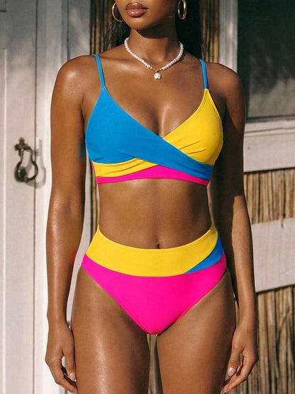 Women's 2-Piece Color-Block Bikini Set - Spaghetti Strap, Criss Cross, High Waist, Multicolor