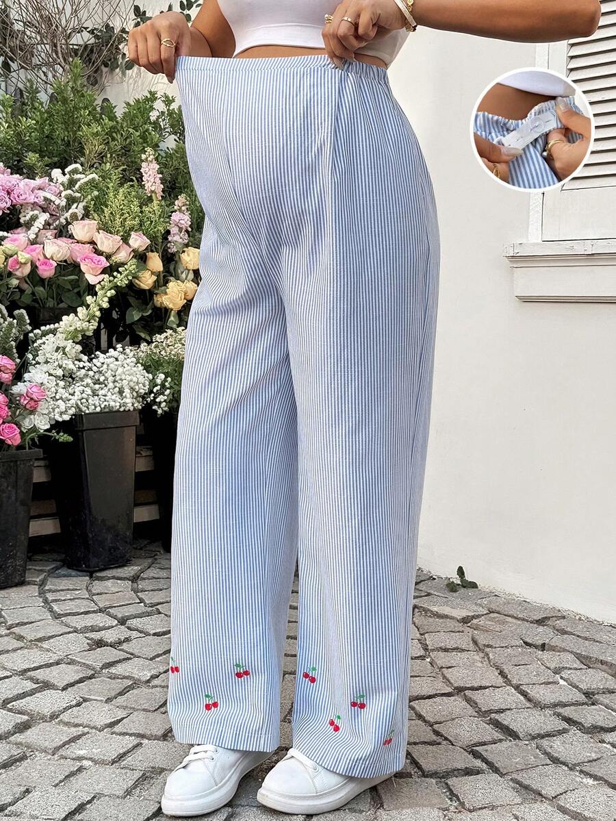 Striped Wide Leg Maternity Pants with Adjustable Drawstring Waist – Black and White Plant Print High Waist Cropped Loose Fit Beach Trousers