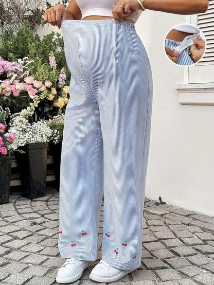 Striped Wide Leg Maternity Pants with Adjustable Drawstring Waist – Black and White Plant Print High Waist Cropped Loose Fit Beach Trousers