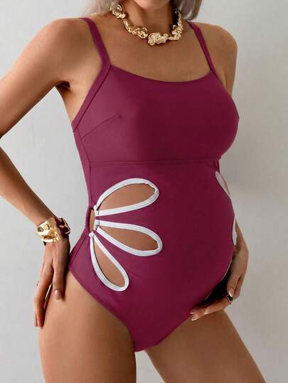 Maternity One-Piece Swimsuit - Petal Hollow Out Vacation Beach Swimwear
