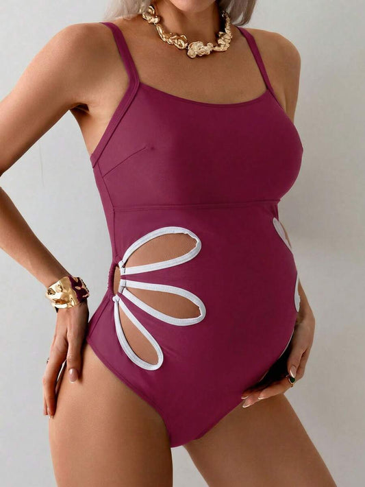 Maternity One-Piece Swimsuit - Petal Hollow Out Vacation Beach Swimwear