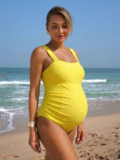 1pc Maternity Solid Color Spaghetti Strap One-Piece Swimsuit Fashionable For Summer