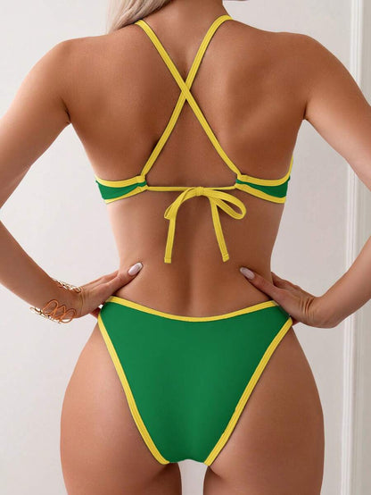 Women's Sporty Triangle Bikini Set - Contrasting Trim, Criss Cross, Spaghetti Strap, Navy Blue