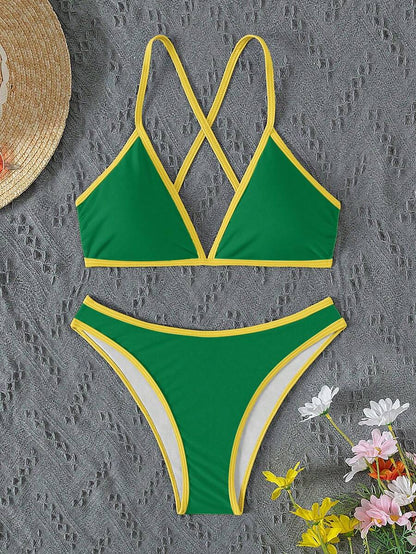 Women's Sporty Triangle Bikini Set - Contrasting Trim, Criss Cross, Spaghetti Strap, Navy Blue