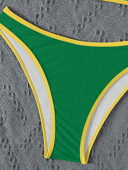 Women's Sporty Triangle Bikini Set - Contrasting Trim, Criss Cross, Spaghetti Strap, Navy Blue