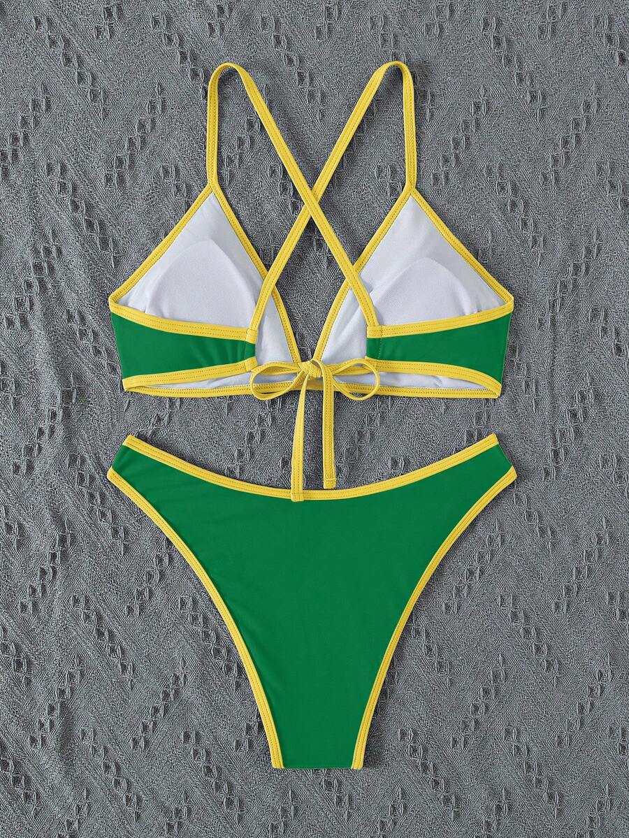 Women's Sporty Triangle Bikini Set - Contrasting Trim, Criss Cross, Spaghetti Strap, Navy Blue
