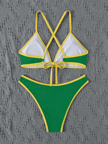 Women's Sporty Triangle Bikini Set - Contrasting Trim, Criss Cross, Spaghetti Strap, Navy Blue