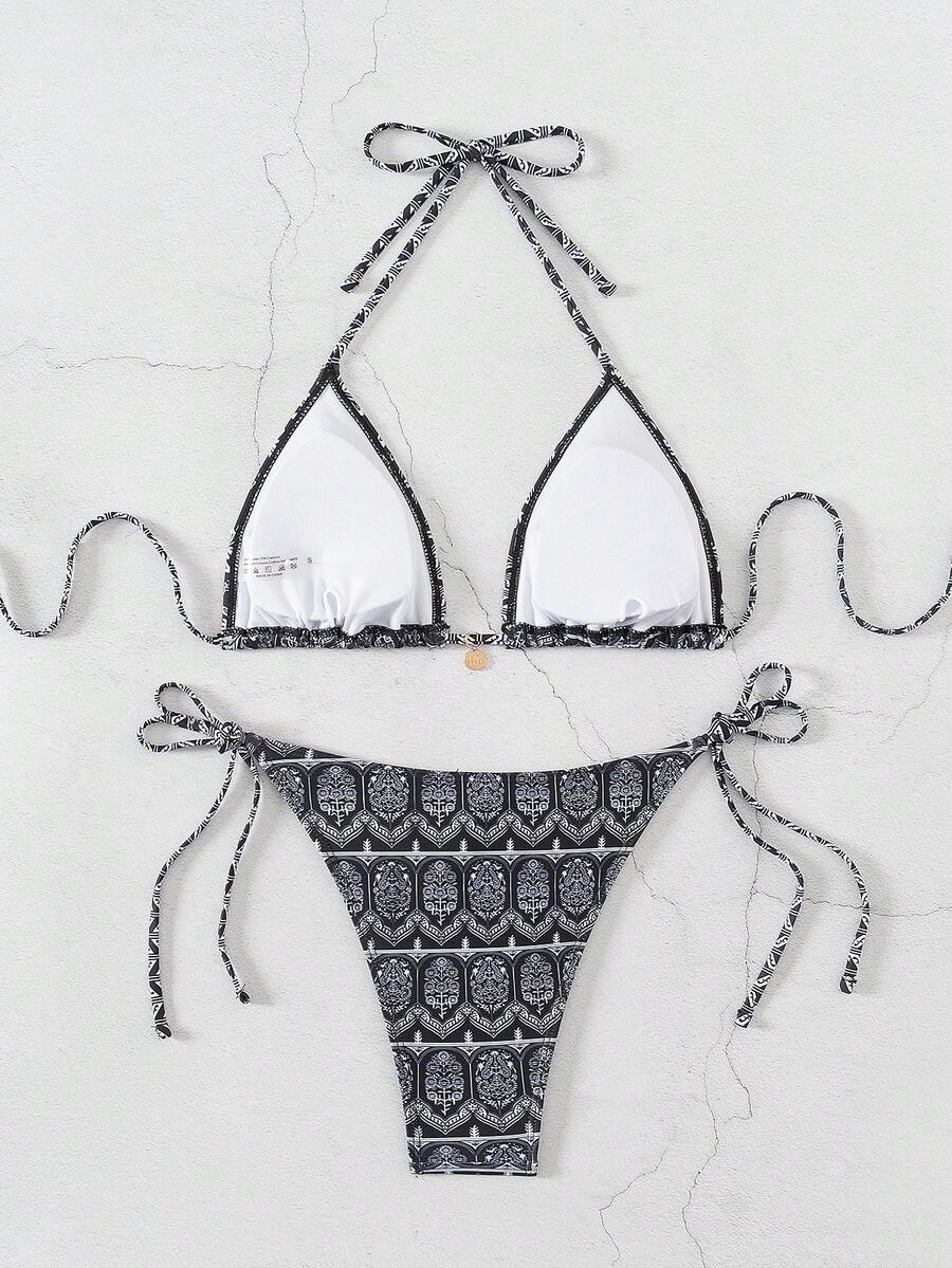 Women's 2-Piece Boho Halter Bikini Set - Knot Detail, Tie Side, Triangle Cup, Blue and White