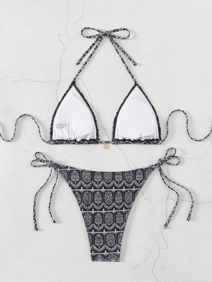 Women's 2-Piece Boho Halter Bikini Set - Knot Detail, Tie Side, Triangle Cup, Blue and White