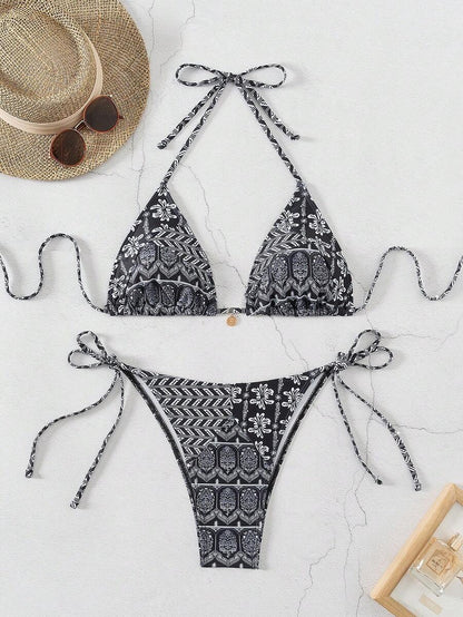 Women's 2-Piece Boho Halter Bikini Set - Knot Detail, Tie Side, Triangle Cup, Blue and White