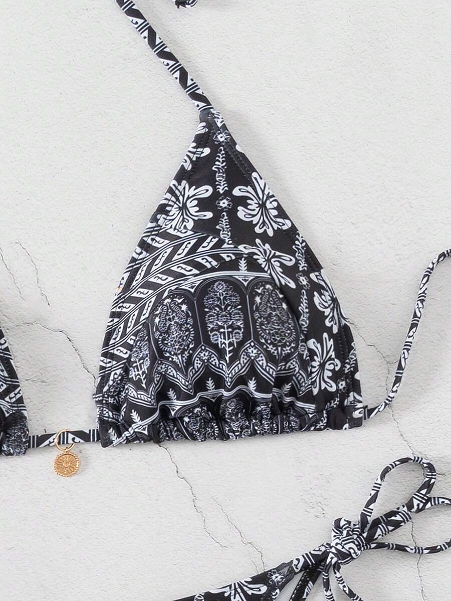 Women's 2-Piece Boho Halter Bikini Set - Knot Detail, Tie Side, Triangle Cup, Blue and White