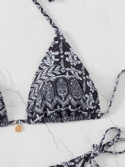 Women's 2-Piece Boho Halter Bikini Set - Knot Detail, Tie Side, Triangle Cup, Blue and White