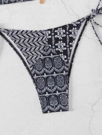 Women's 2-Piece Boho Halter Bikini Set - Knot Detail, Tie Side, Triangle Cup, Blue and White