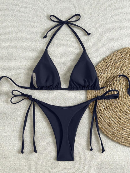 Swim Vcay Women's Solid Color Halter Tie Backless Sexy Thong Bikini Set Bikini Triangle Lemon Bikini Yellow Bathing Suits Light Yellow Bikini String Bikini Set