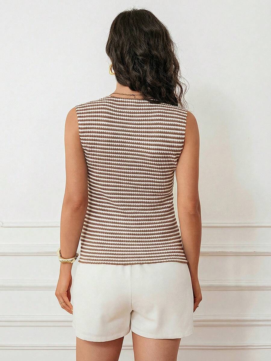Maternity V-Neck Single-Breasted Striped Tank Top Slim Fit Baby Blue Knitted Sleeveless Shirt for Casual Street Style