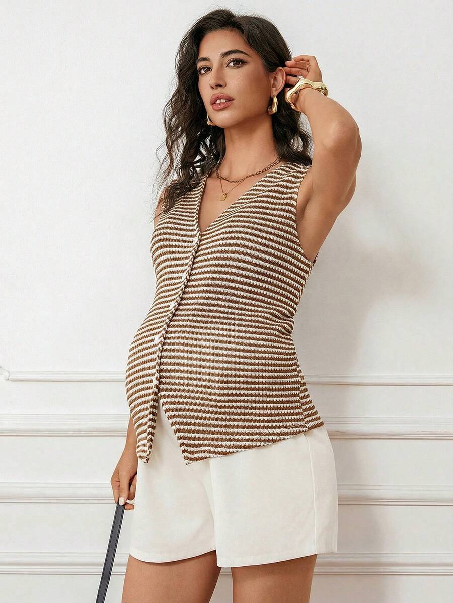 Maternity V-Neck Single-Breasted Striped Tank Top Slim Fit Baby Blue Knitted Sleeveless Shirt for Casual Street Style
